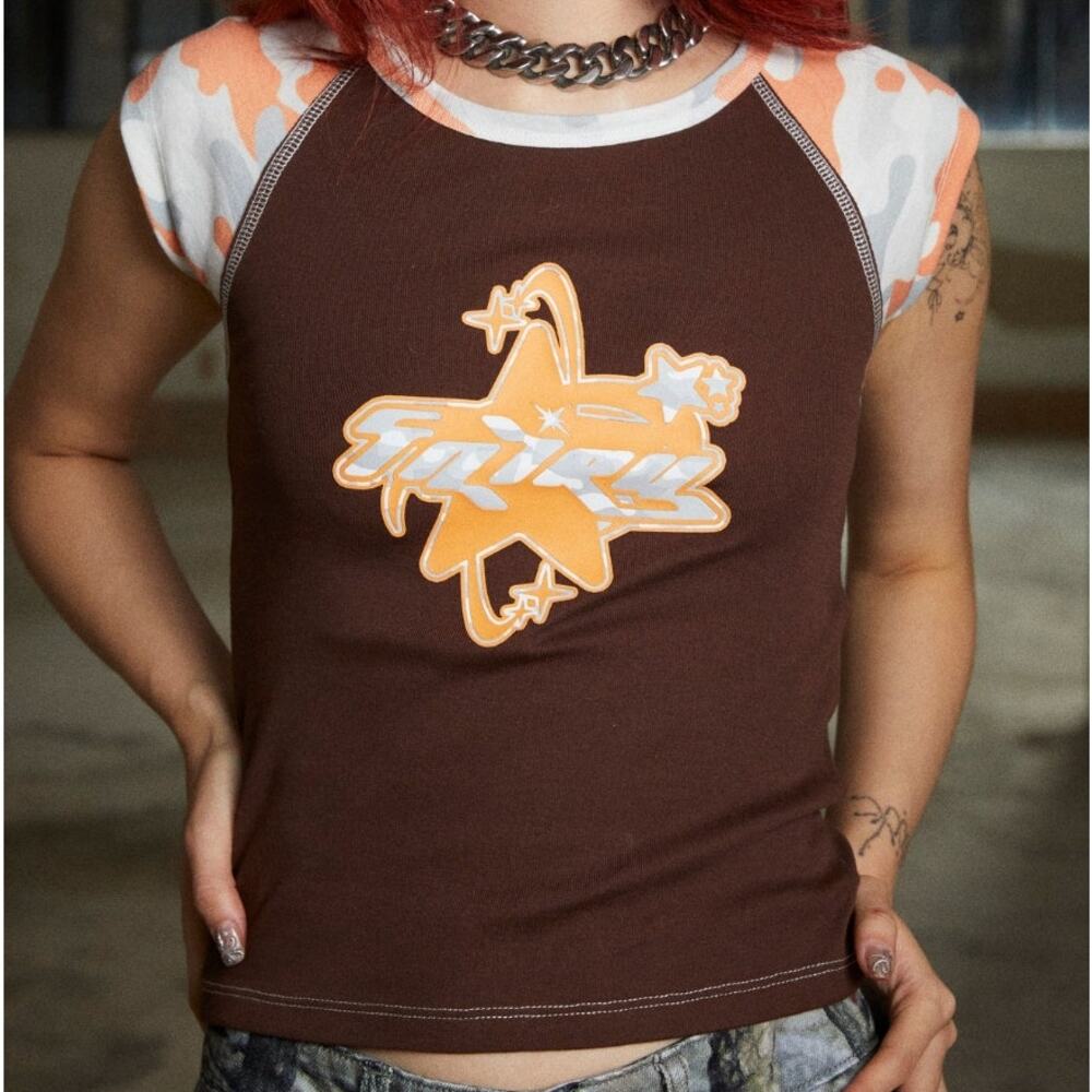Basic Pleasure Mode Fairy Graphic Baby Tee Camo Sleeve Y2K Style